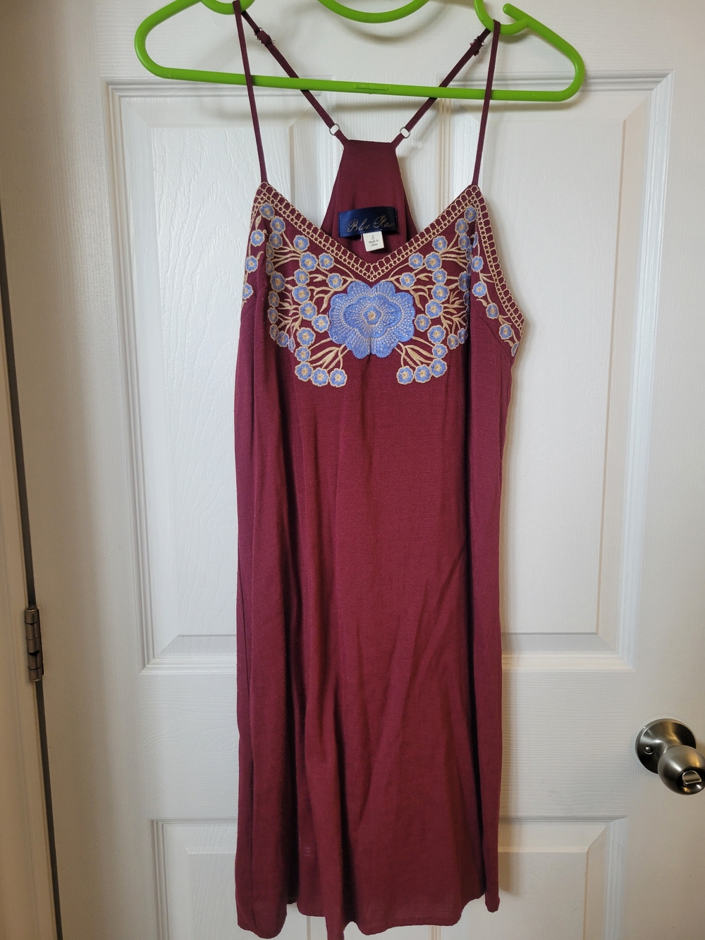 Blue Rain Wine Midi Dress with Blue & Cream Embroidery